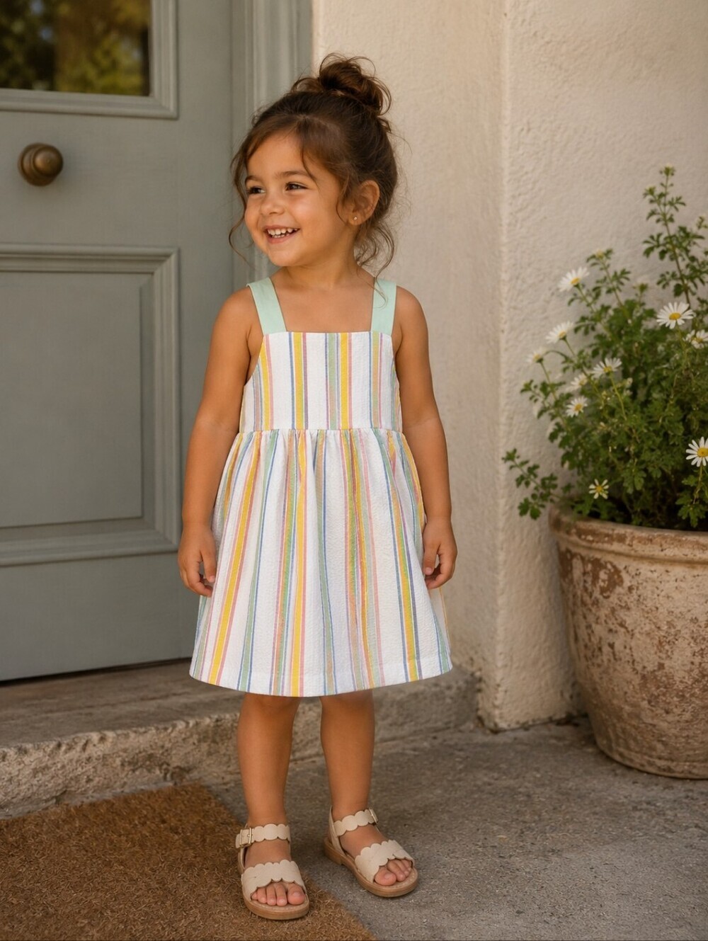 Zara Girls Rainbow Stripe Dress Size 3-4 Pastel Textured Sundress